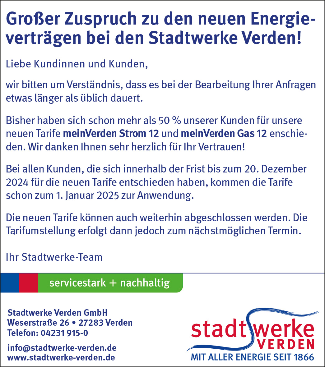 Stadtwerke Verden Danksagung Verzögerung Verträge