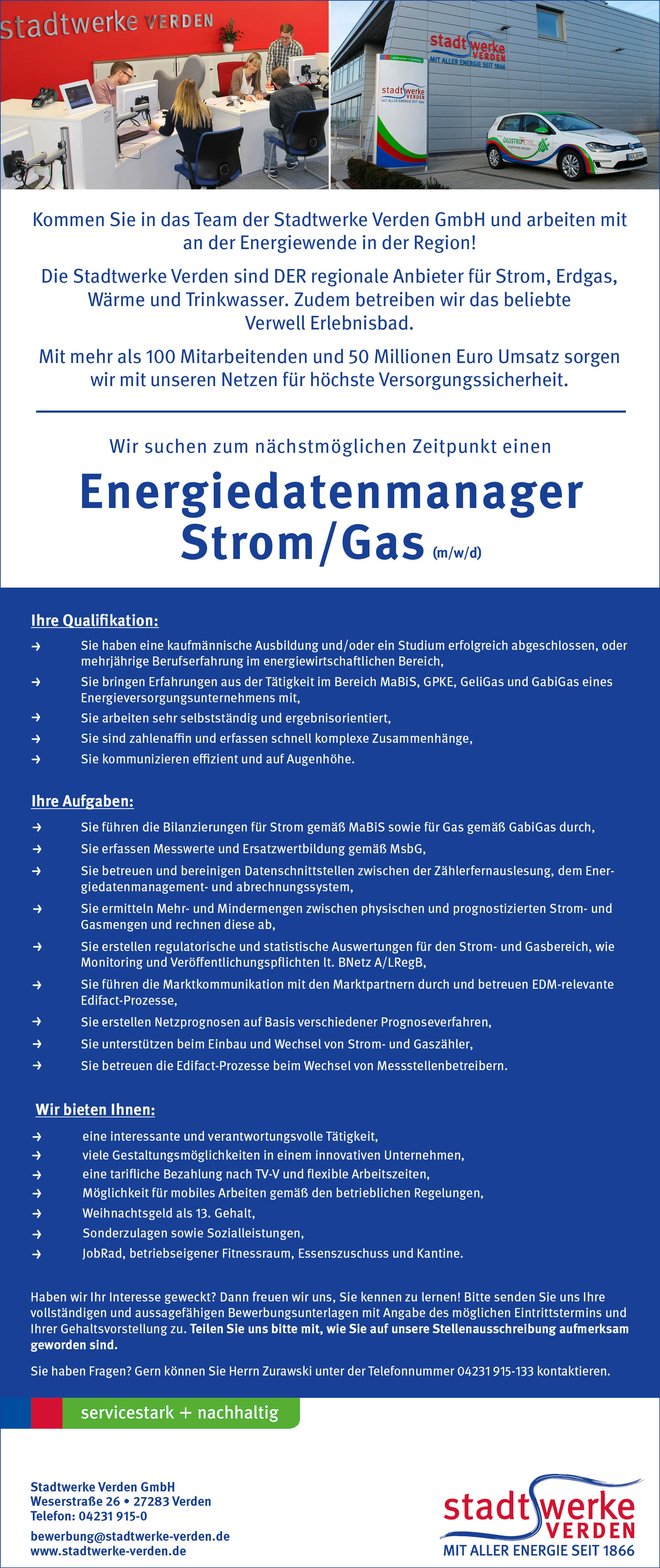 Stadtwerke Verden Stellenanzeige Energiedatenmanager Oktober 2024