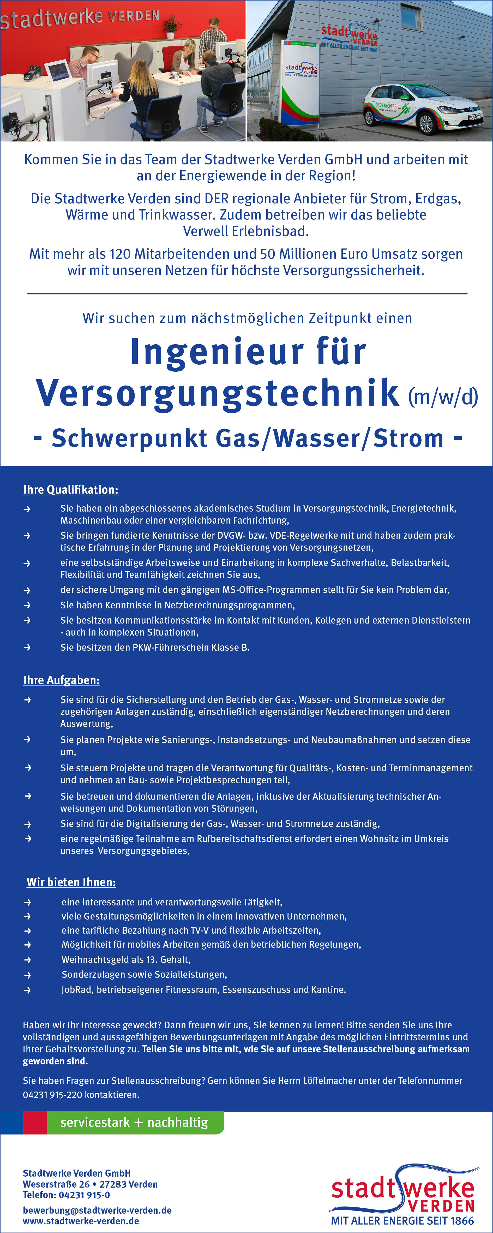 Stadtwerke Verden Stellenanzeige Ingenieur für Versorgungstechnik November 2024