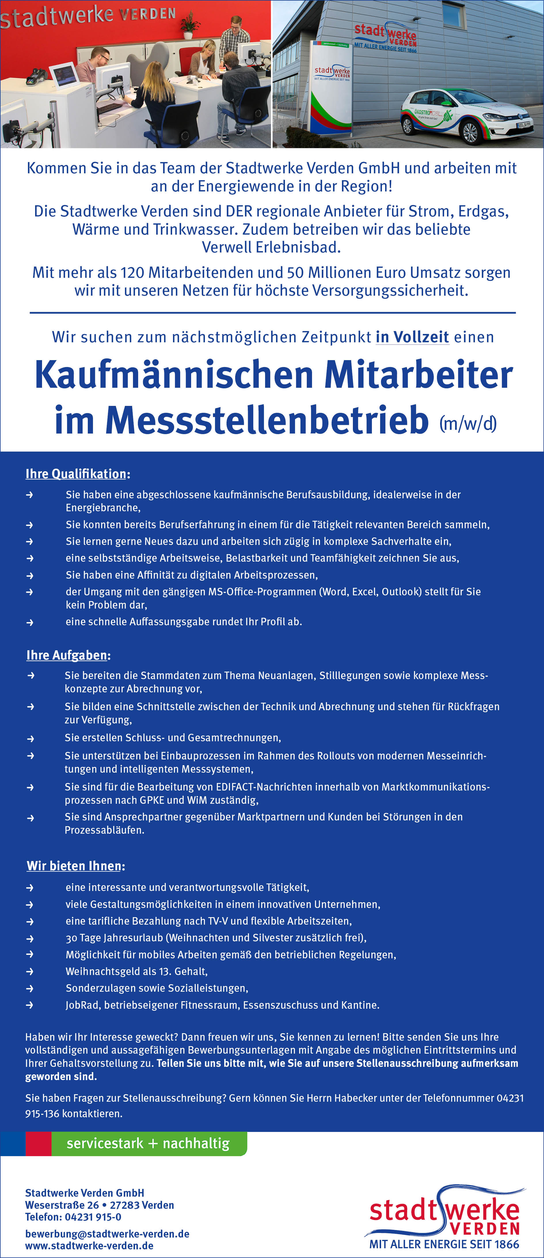 Stadtwerke Verden Stellenanzeige Kfm. Mitarbeiter Messstrellenbetrieb final 2025