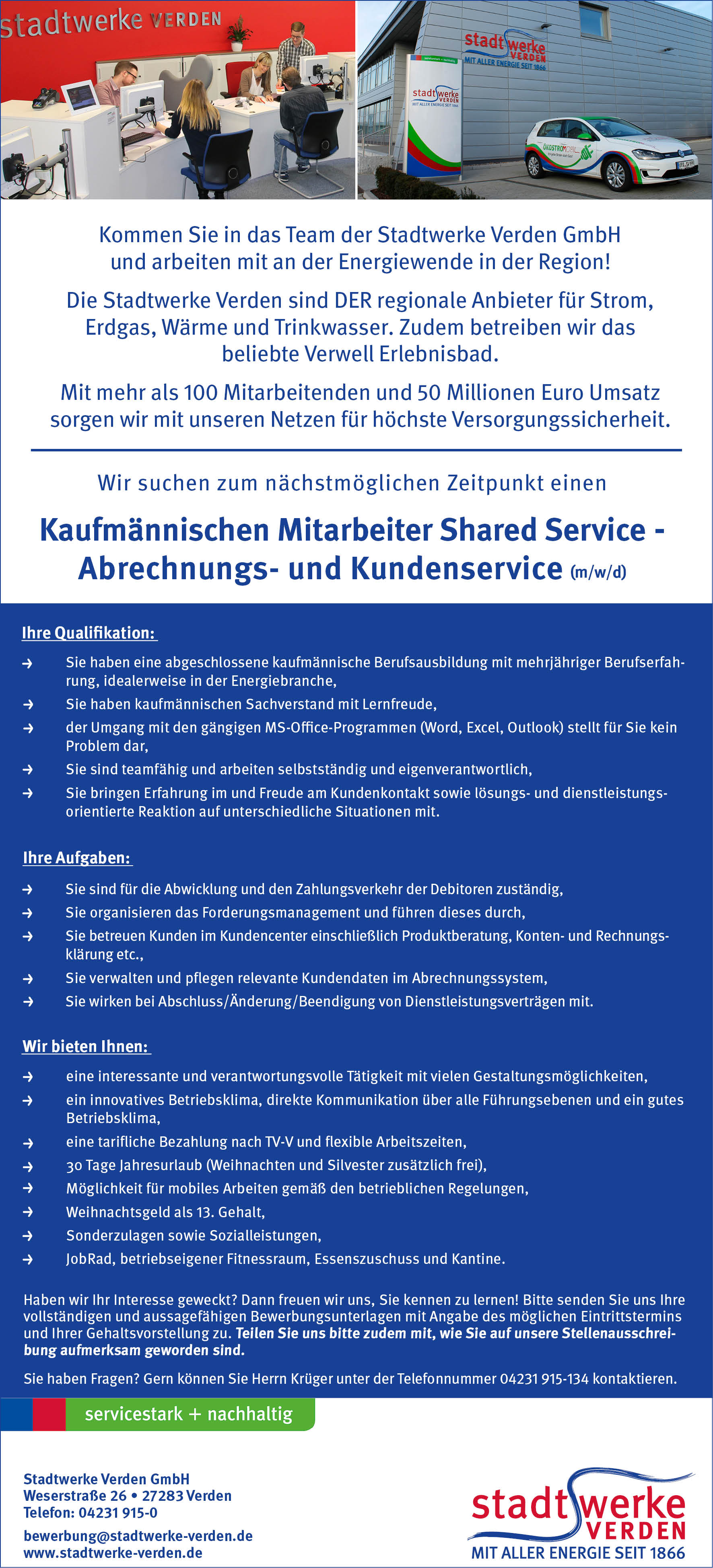 Stadtwerke Verden Stellenanzeige Kfm. Mitarbeiter Shared Service Abrechnung und Kundenservice September 2024